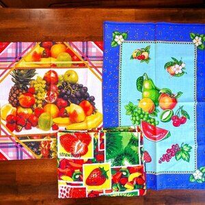 Fruit Theme Kitchen Tea Towel & Pot Holders Set (5pc) 1960s